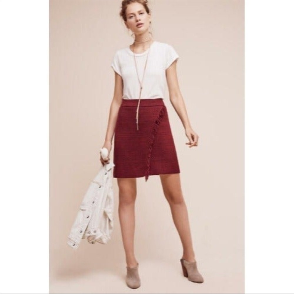 Anthropologie Maeve Fringed Arnhem Burgundy Red Sweater Skirt Maeve Knit Size XS